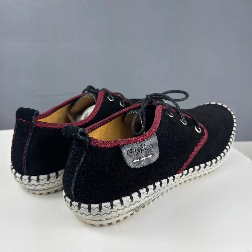 Fashion Casual Shoes Mens 10 Black Suede Burgundy Trim Whipstitch Lace Up Flats
